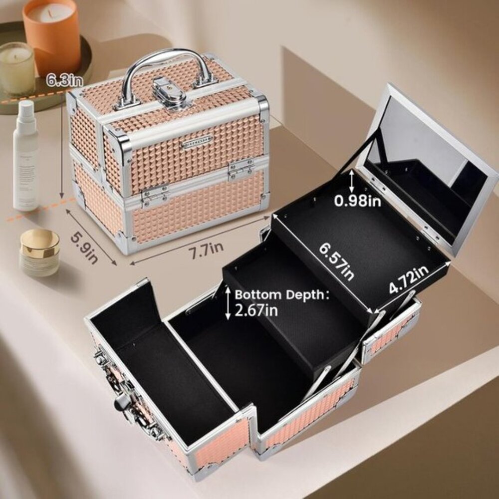 New Rose Gold Kids Makeup Train Case, Lockable Box with Mirror for Travel Use - Picture 3 of 10